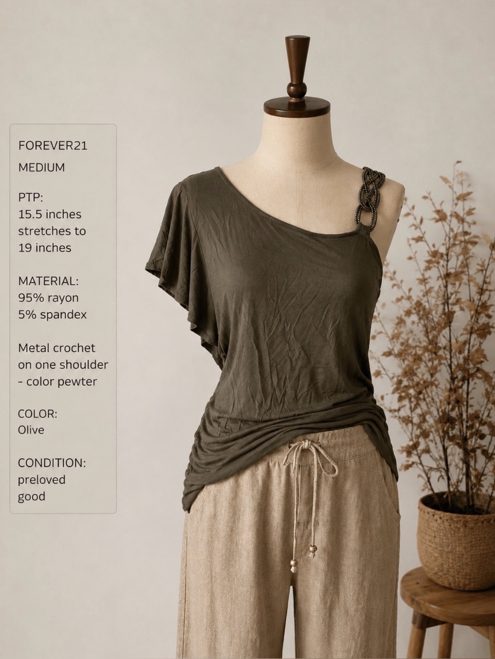 Forever 21 Olive One-Shoulder Crochet Chain Crop Top